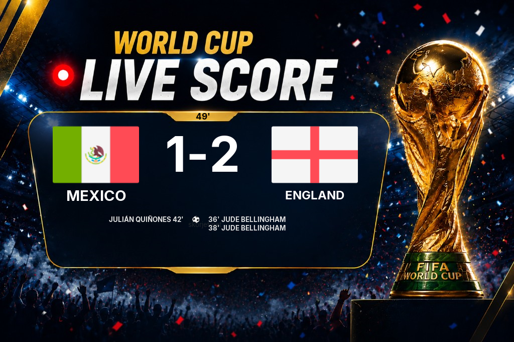 LIVE SCORE - World Cup: Mexico 1 - 2 England (Match in progress)