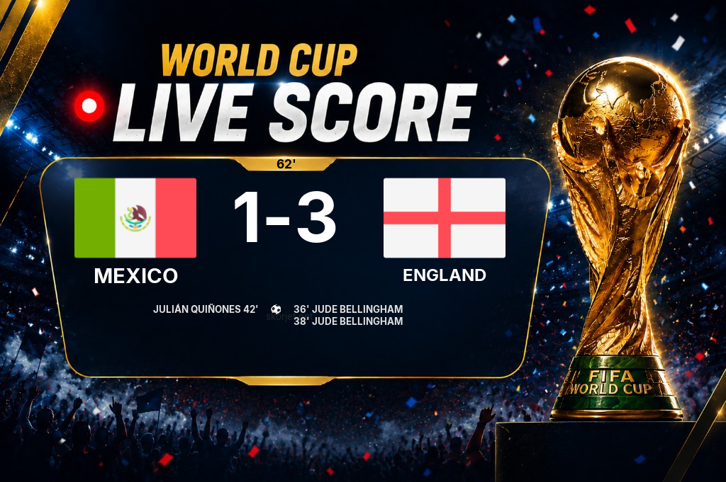 LIVE SCORE - World Cup: Mexico 1 - 3 England (Match in progress)